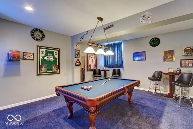 game room featuring billiards and carpet