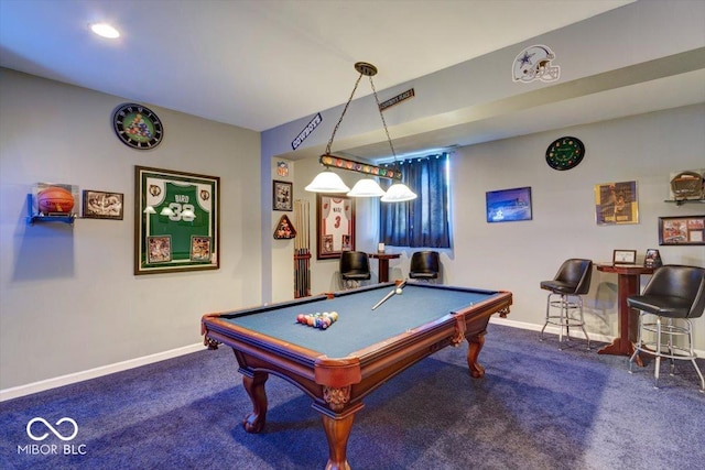 game room featuring carpet flooring, pool table, and baseboards