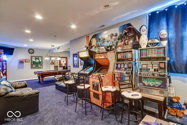 playroom featuring recessed lighting, carpet flooring, visible vents, and billiards
