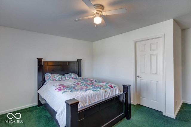 bedroom with baseboards, a ceiling fan, and dark colored carpet