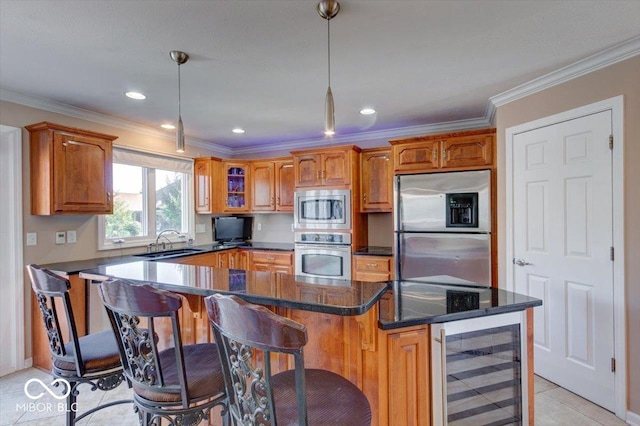 kitchen featuring brown cabinets, a breakfast bar, stainless steel appliances, and wine cooler