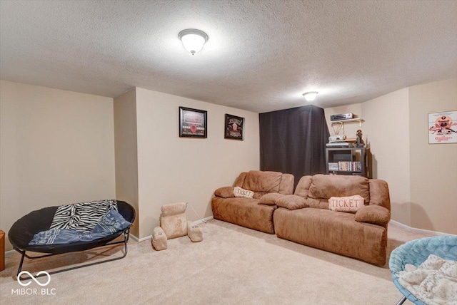 carpeted living room featuring baseboards and a textured ceiling