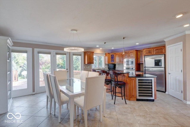 dining space featuring light tile patterned floors, crown molding, wine cooler, and recessed lighting