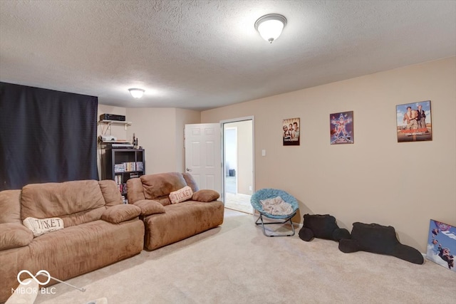 carpeted living room featuring a textured ceiling