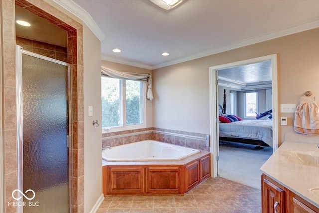 bathroom with tile patterned flooring, separate shower and tub, and ornamental molding