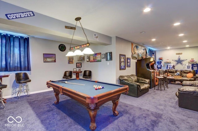recreation room with recessed lighting, pool table, and carpet