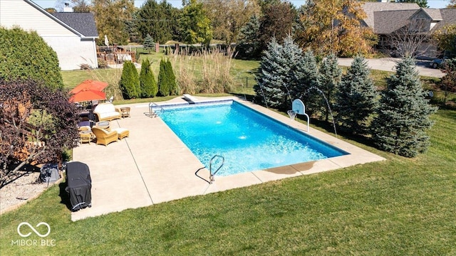 outdoor pool with a patio area, a lawn, and a diving board