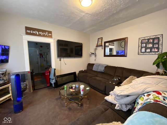 carpeted living room with a textured ceiling