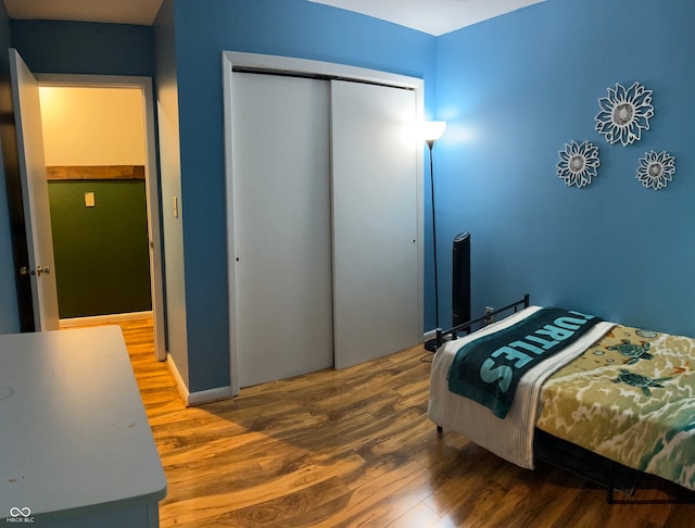 bedroom with a closet and wood-type flooring