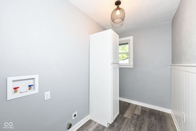 laundry room with a textured ceiling, hookup for a washing machine, dark hardwood / wood-style floors, and hookup for an electric dryer