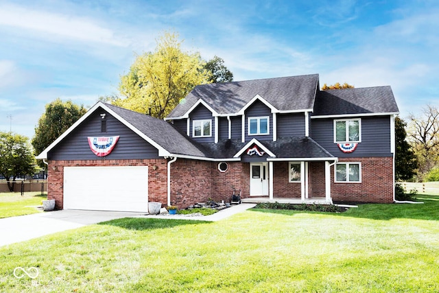 craftsman inspired home with a front yard and a garage