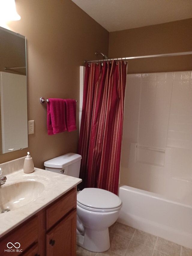 full bathroom with toilet, shower / tub combo with curtain, vanity, and tile patterned floors