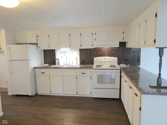 kitchen featuring extractor fan, dark wood-type flooring, sink, white cabinetry, and white appliances