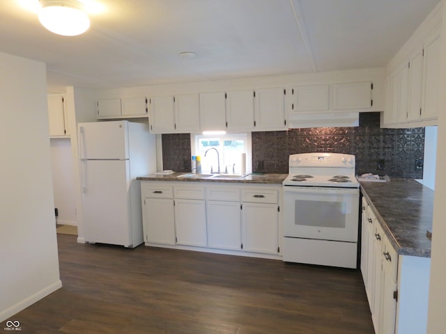 kitchen featuring sink, white cabinets, white appliances, and dark hardwood / wood-style flooring