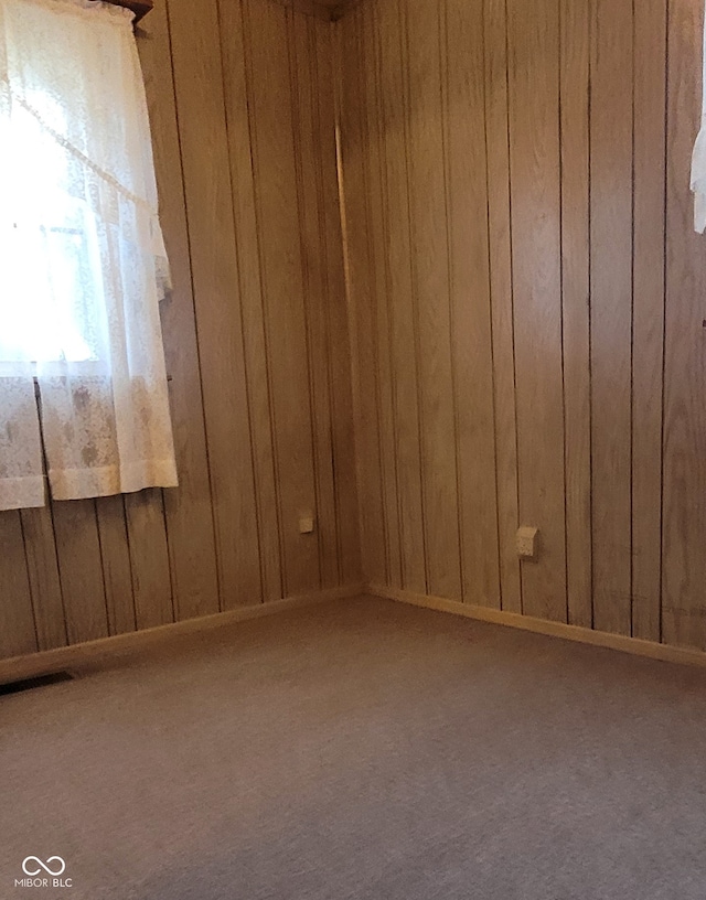 carpeted spare room with wood walls