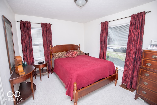 bedroom with multiple windows and light colored carpet