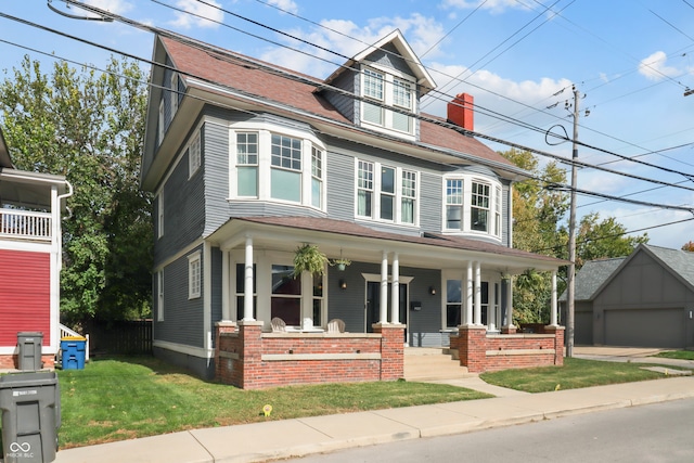 view of front facade with an outdoor structure, covered porch, a garage, and a front lawn