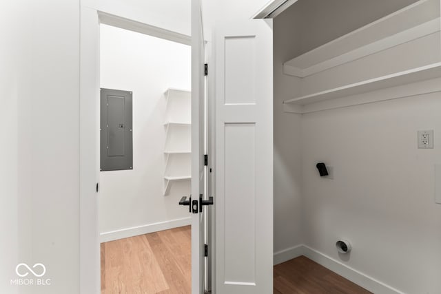 laundry room with hookup for an electric dryer, wood-type flooring, and electric panel