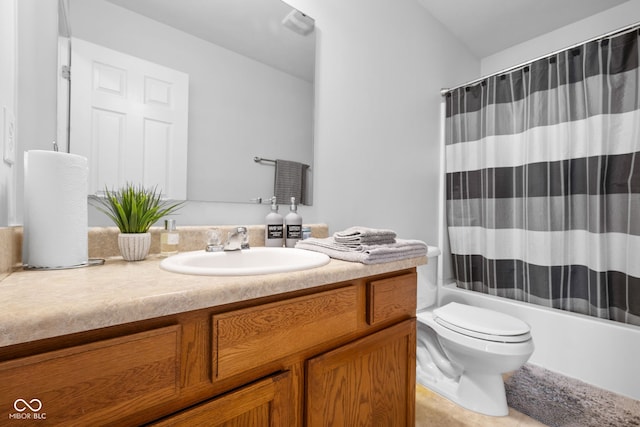 full bathroom featuring toilet, vanity, shower / bath combination with curtain, and tile patterned flooring