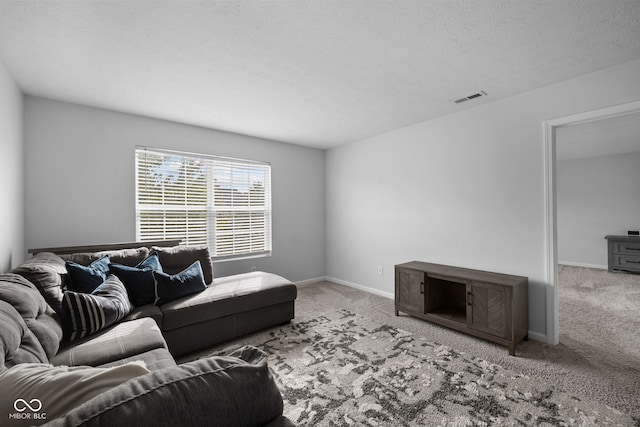 carpeted living room with a textured ceiling