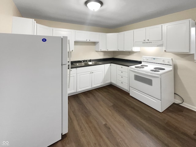 kitchen with white appliances, sink, dark hardwood / wood-style floors, and white cabinets