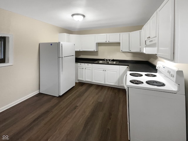 kitchen featuring white appliances, dark wood-type flooring, sink, white cabinets, and exhaust hood