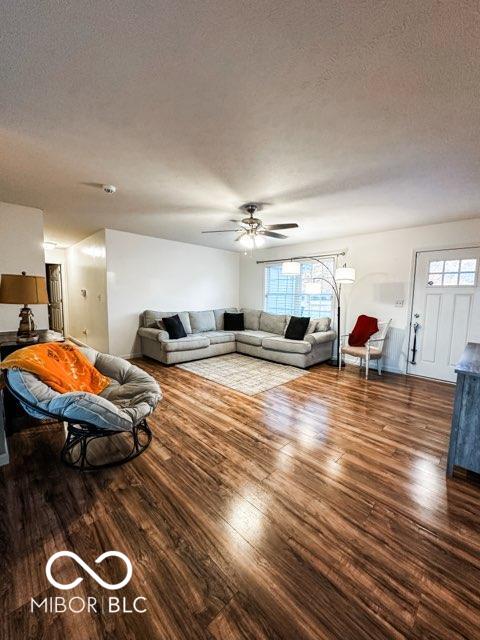 living room featuring dark wood-type flooring and a textured ceiling