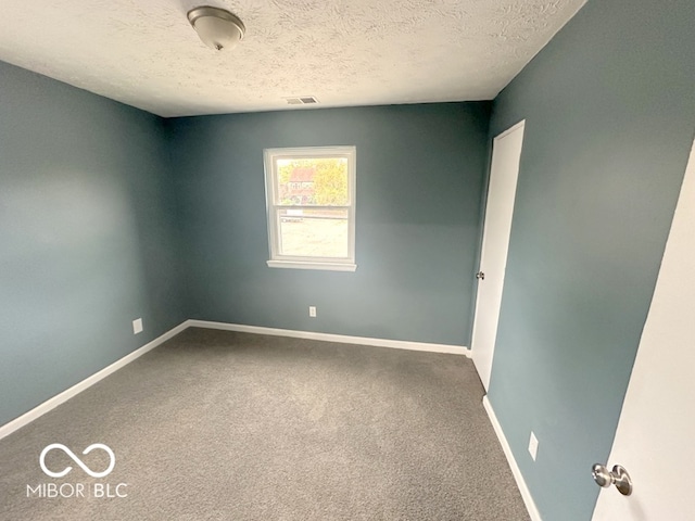 unfurnished room with a textured ceiling and carpet flooring