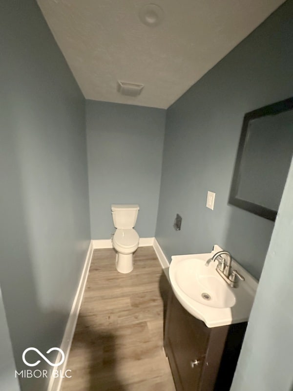 bathroom featuring vanity, wood-type flooring, and toilet