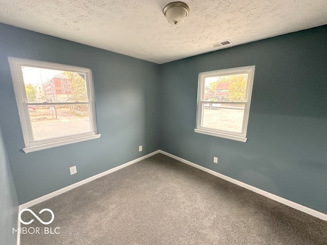 carpeted spare room with a textured ceiling