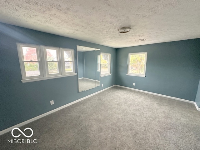 unfurnished room with a textured ceiling and carpet