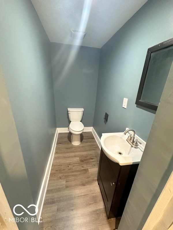 bathroom featuring vanity, toilet, and wood-type flooring