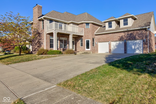 view of front of house featuring a front yard, a garage, and a balcony