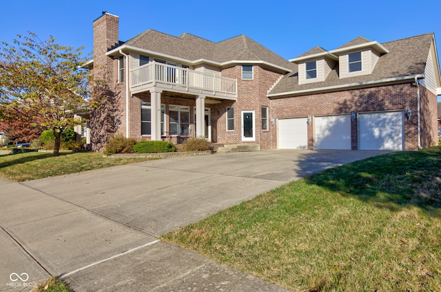 7189 Lockford N, Avon, IN 46123 - view of front of property featuring a balcony, brick siding, concrete driveway, a chimney, and a front yard