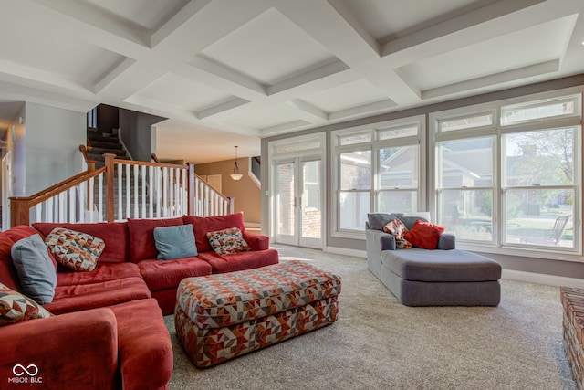 7189 Lockford N, Avon, IN 46123 - living room with coffered ceiling, stairs, beamed ceiling, carpet, and baseboards