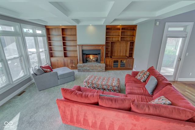 7189 Lockford N, Avon, IN 46123 - living area featuring baseboards, a fireplace, beam ceiling, coffered ceiling, and built in features