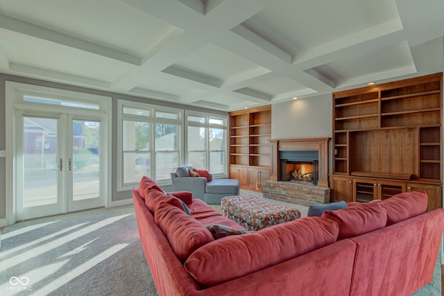 7189 Lockford N, Avon, IN 46123 - carpeted living area featuring french doors, a brick fireplace, coffered ceiling, beam ceiling, and built in shelves
