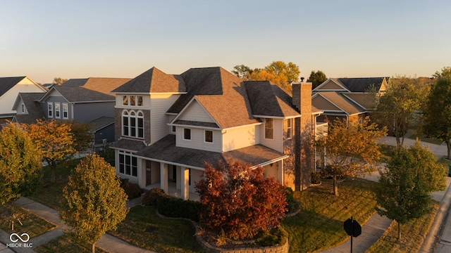 view of aerial view at dusk