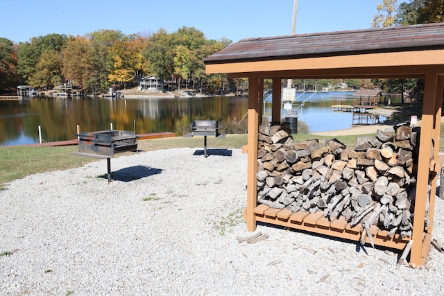 exterior space with a water view