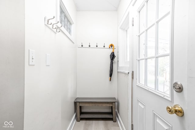 mudroom with light hardwood / wood-style flooring