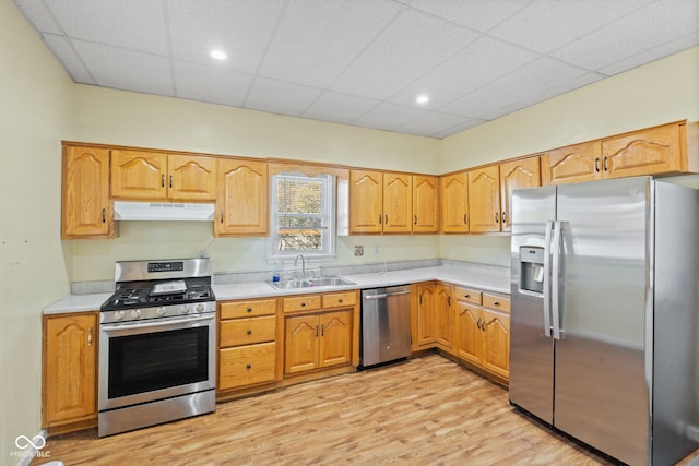 kitchen with light hardwood / wood-style floors, stainless steel appliances, sink, and a paneled ceiling