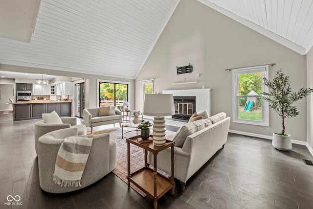 living room featuring wooden ceiling, high vaulted ceiling, dark wood-type flooring, and plenty of natural light