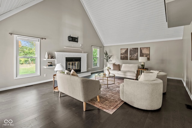 living room with dark wood-type flooring, high vaulted ceiling, and wooden ceiling