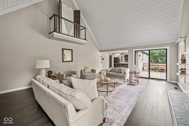 living room with wooden ceiling, high vaulted ceiling, and dark wood-type flooring