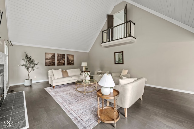 living room featuring dark wood-type flooring, wooden ceiling, and lofted ceiling