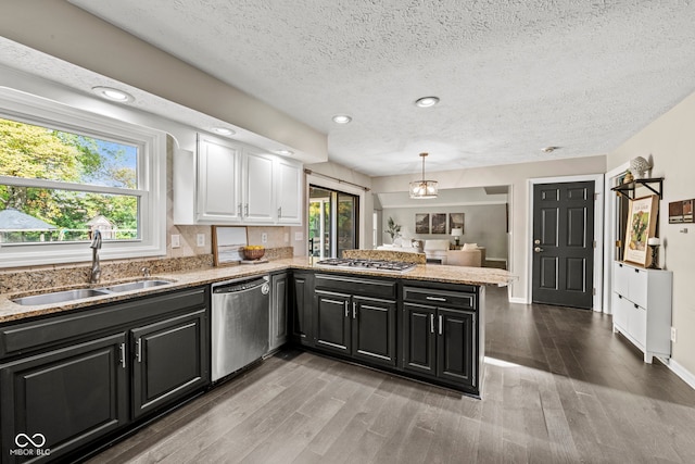 kitchen with hardwood / wood-style flooring, stainless steel appliances, sink, decorative light fixtures, and a textured ceiling