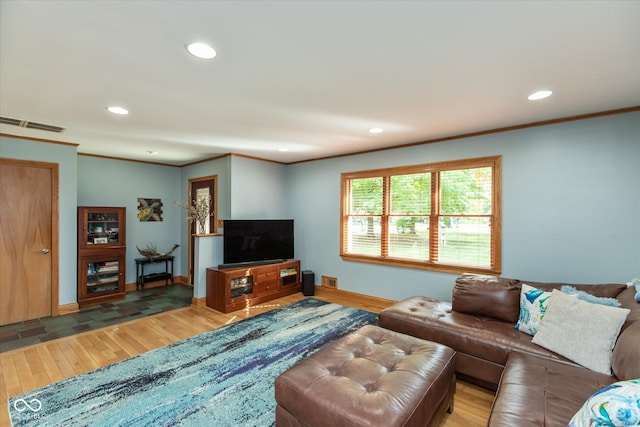 living room with crown molding and wood-type flooring