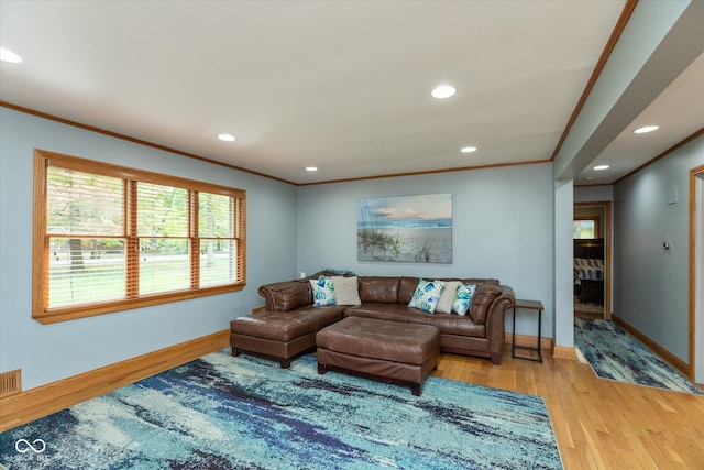 living room featuring light hardwood / wood-style floors and crown molding