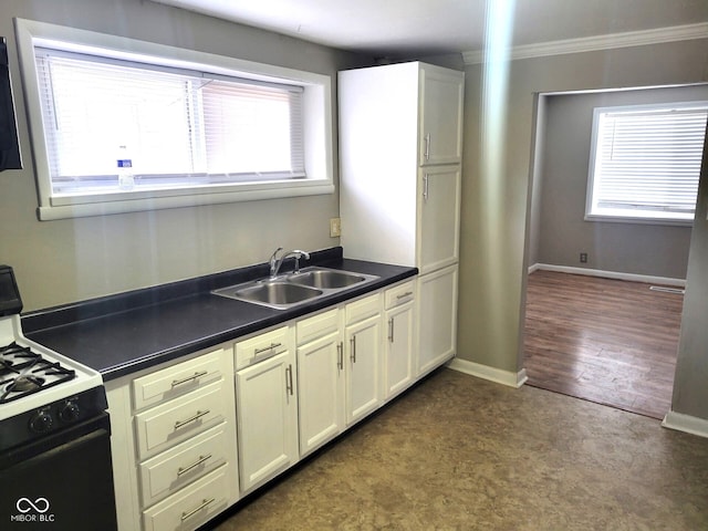 kitchen featuring white cabinetry, gas stove, sink, and ornamental molding