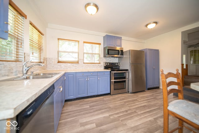 kitchen with backsplash, stainless steel appliances, sink, light hardwood / wood-style floors, and blue cabinets